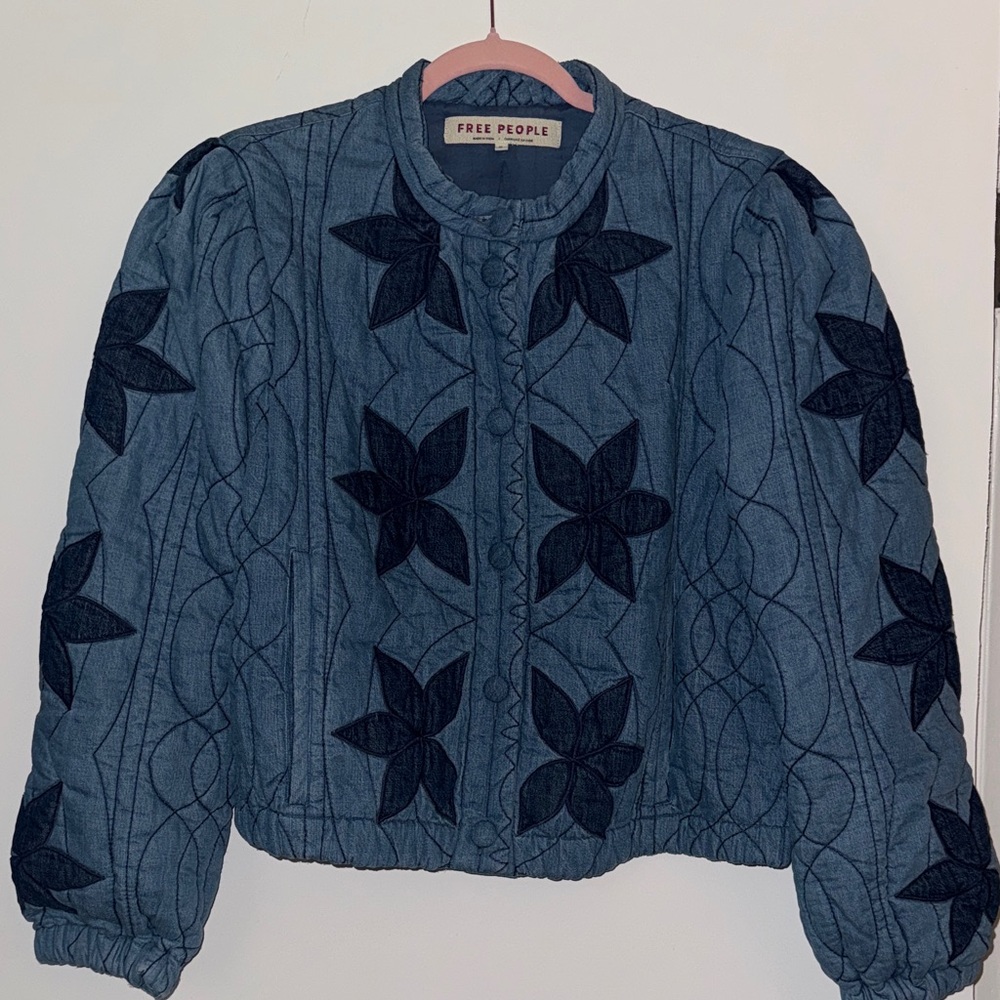 Free People Blue Quilted Floral Jean Jacket